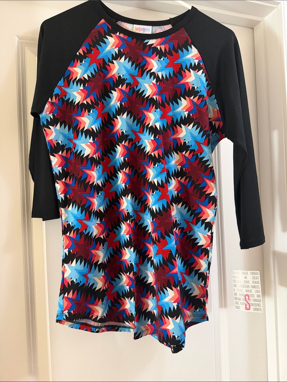 LuLaRoe Randy Bold Starburst Geometric Print Top in Blue, Red & Black - Size S
